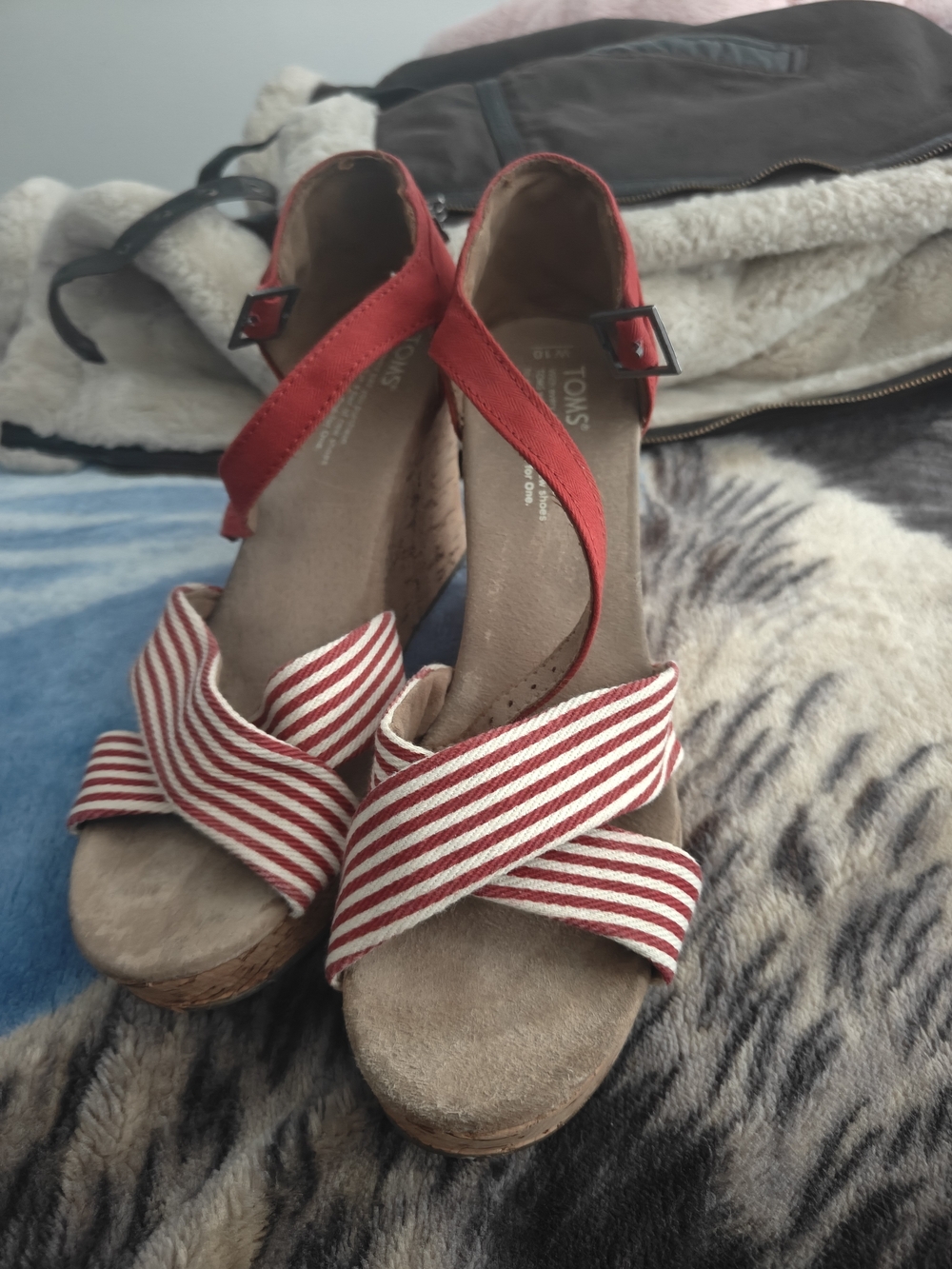 TOMS Red Striped Wedge Sandals with Red Ankle Strap